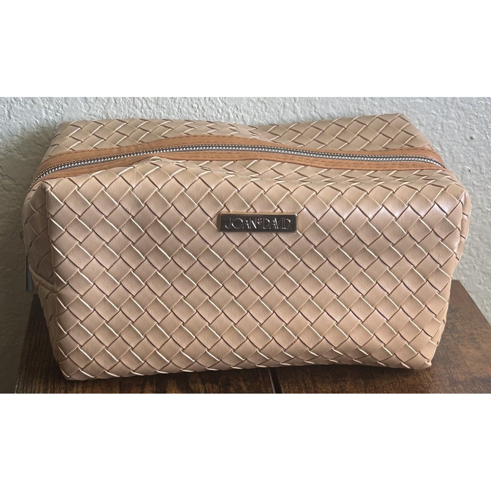 Joan & David Faux Leather Tan Woven Toiletry or Cosmetic Makeup Pouch Travel Bag